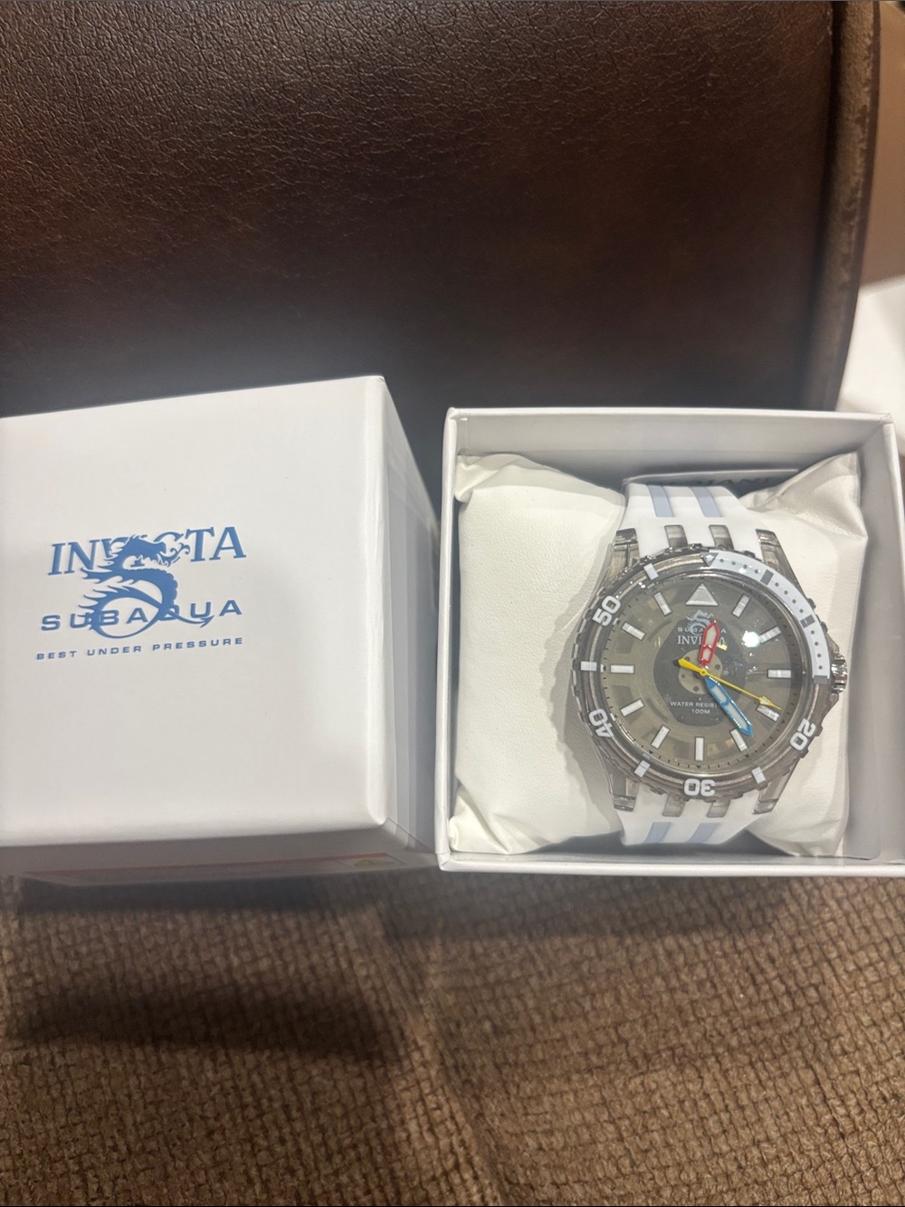 Invicta Subaqua Watch - White Strap with Blue and Yellow Accents